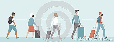 Passengers wearing protective medical masks keeping distance in airport departure area. Travel during coronavirus COVID-19 Vector Illustration